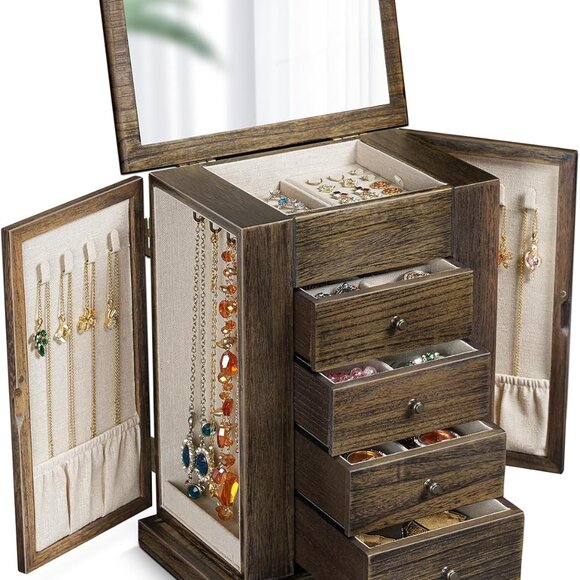 Jewelry Box for Women, 5 Layer Large Wood Jewelry Boxes & Organizers for Necklac - Picture 1 of 7